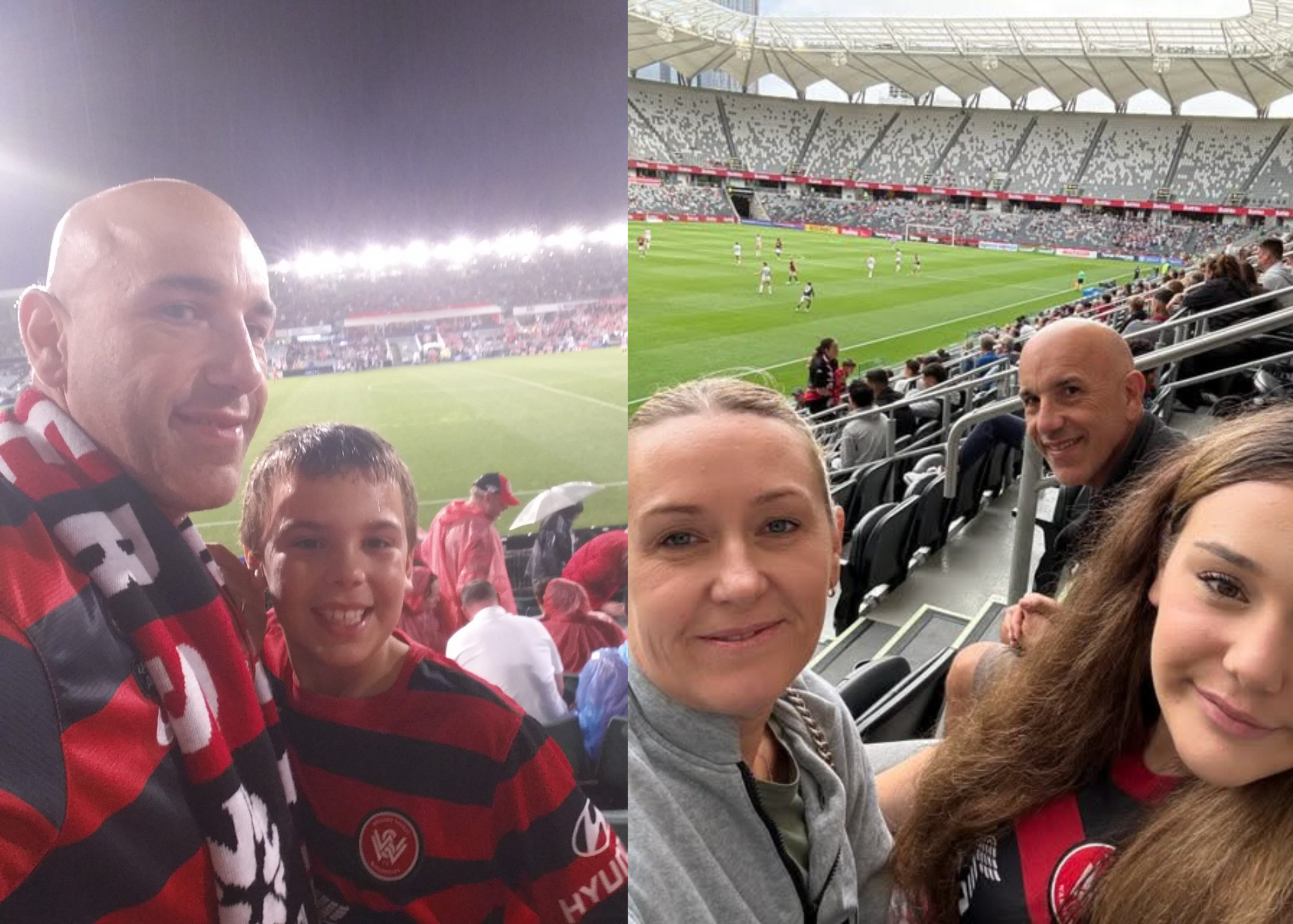 Chris Bettiol with his son in at a Wanderers game in 2015 and then with wife and daughter at another game in 2026.